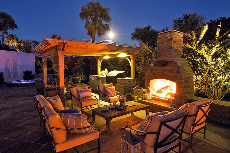 outdoor fireplace and kitchen