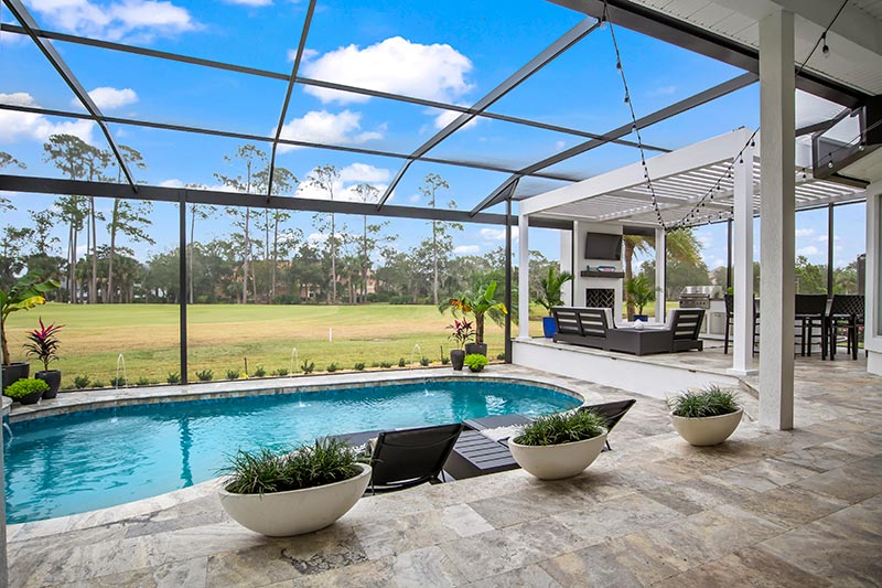 outdoor lounge area by pool