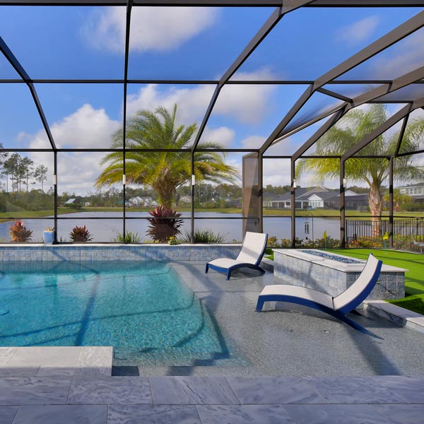 two lounge chairs in shallow pool water