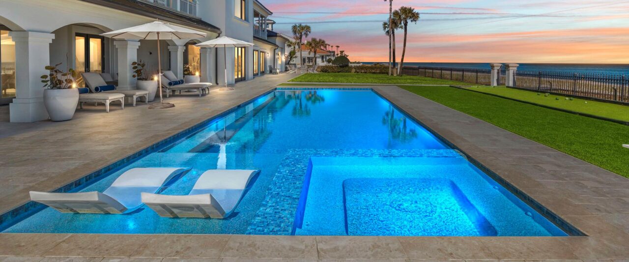 residential pool at dusk